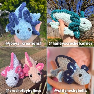 May include: A collection of handmade crochet axolotls in various colors, including blue, teal, pink, and white. Each axolotl features detailed gills and a smiling face. The image includes the Instagram handles of the creators.