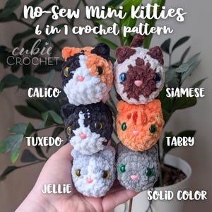 May include: Six crocheted mini kitty cat plushies in different colors and patterns, including calico, Siamese, tuxedo, tabby, and solid color. The plushies are arranged in a stack, with the calico kitty on top and the solid color kitty on the bottom. The plushies are all about 2 inches tall.