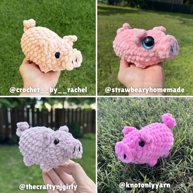 May include: A collection of four handmade crochet plush pigs in various shades of pink. Each pig features a textured yarn body, small ears, a curled tail, and black plastic safety eyes. The pigs are displayed in different outdoor settings.