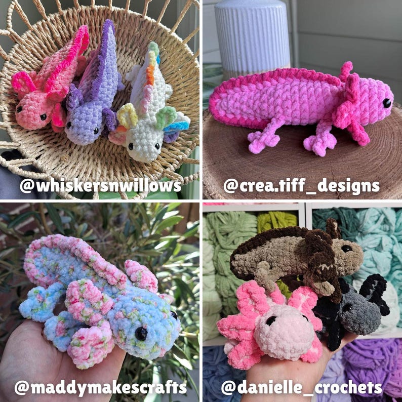 May include: A collection of handmade crochet axolotls in various colors, including pink, purple, blue, and white. The axolotls have detailed features and are displayed in different settings. The image includes social media handles.