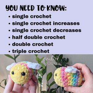 Puede incluir: La imagen muestra dos peluches de abeja de ganchillo con detalles en amarillo, arco&iacute;ris y blanco. Se muestra el texto: "YOU NEED TO KNOW: single crochet, single crochet increases, single crochet decreases, half double crochet, double crochet, triple crochet".