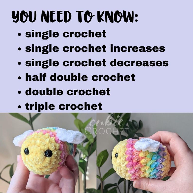 Puede incluir: La imagen muestra dos peluches de abeja de ganchillo con detalles en amarillo, arco&iacute;ris y blanco. Se muestra el texto: "YOU NEED TO KNOW: single crochet, single crochet increases, single crochet decreases, half double crochet, double crochet, triple crochet".