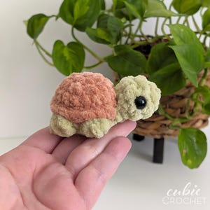 May include: A small, handmade crochet turtle toy featuring a textured, dusty rose-colored shell and a light sage green head and body. The turtle has a single visible black plastic eye and a soft, plush yarn construction with a rounded shape.