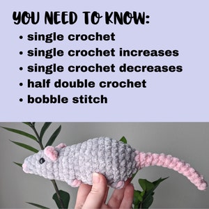 A gray crocheted rat with light pink nose, ears, and tail, viewed from the side facing left. At the top of the image there is a list "You need to know:", containing  'single crochet', 'single crochet increases', 'single crochet decreases', 'half double crochet', 'bobble stitch'.