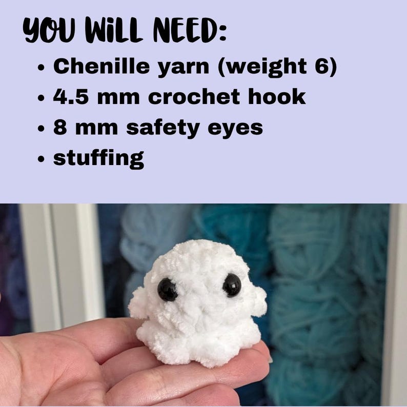 K&ouml;nnte beinhalten: Ein kleines wei&szlig;es geh&auml;keltes Pl&uuml;schtier mit schwarzen Sicherheitsaugen. Der Text dar&uuml;ber lautet: YOU WILL NEED: Chenille yarn (weight 6), 4.5 mm crochet hook, 8 mm safety eyes, stuffing. Das Pl&uuml;schtier hat einen runden, texturierten K&ouml;rper.