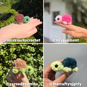 May include: A collection of four small, handmade crochet turtles featuring soft, plush yarn textures. Each turtle has a rounded shell in colors including brown, pink, and dark green, paired with light green or pink heads and limbs with black eyes.