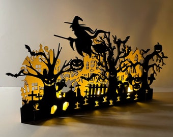 Halloween Tealight/ Halloween Table Top Decoration/ Spooky silhouette/ Cemetery and Haunted House/ Halloween Witches