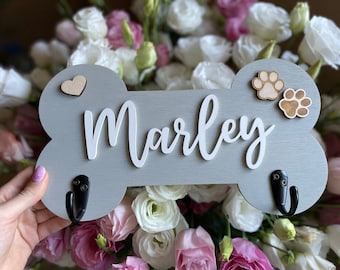 Custom Dog Leash Holder/ Collar holder/Personalized Dog Leash Holder/Dog Leash Hook/Dog bone leash/Dog Lover Gifts/Dog Gift/Pet Signs hanger