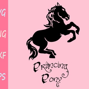 May include: Black silhouette of a rearing horse with the text "Prancing Pony" underneath.