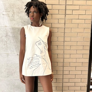 White Cotton Bag Dress – Hand-Embroidered – Size M (10) – Artistic and Handmade