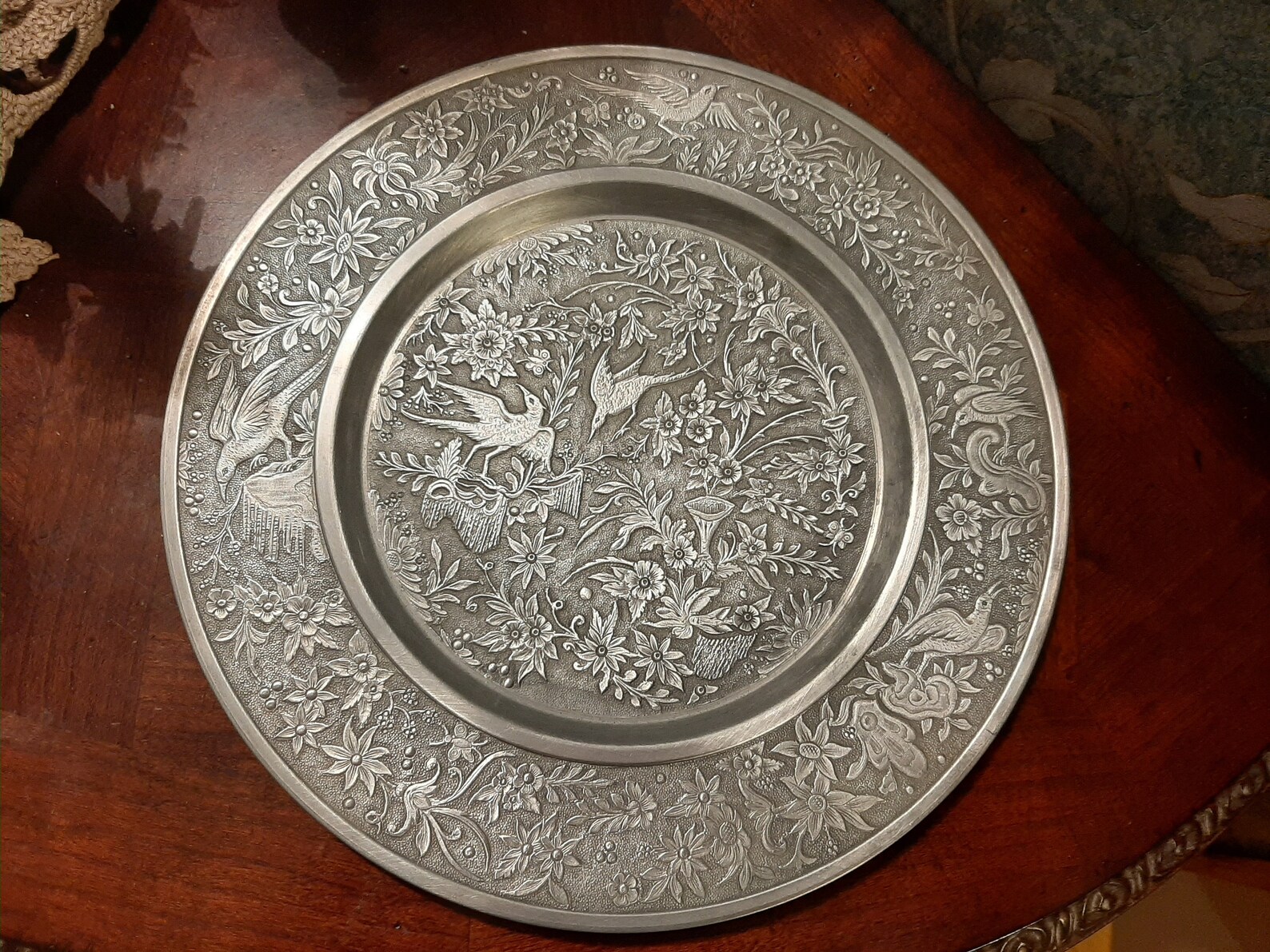 Vintage Metal Wall Decor Plate Birds In Blooming Garden Etsy