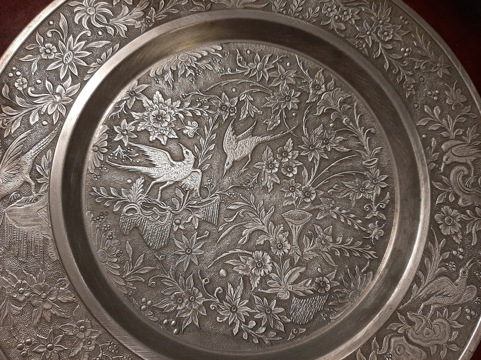 Vintage Metal Wall Decor Plate Birds In Blooming Garden Etsy