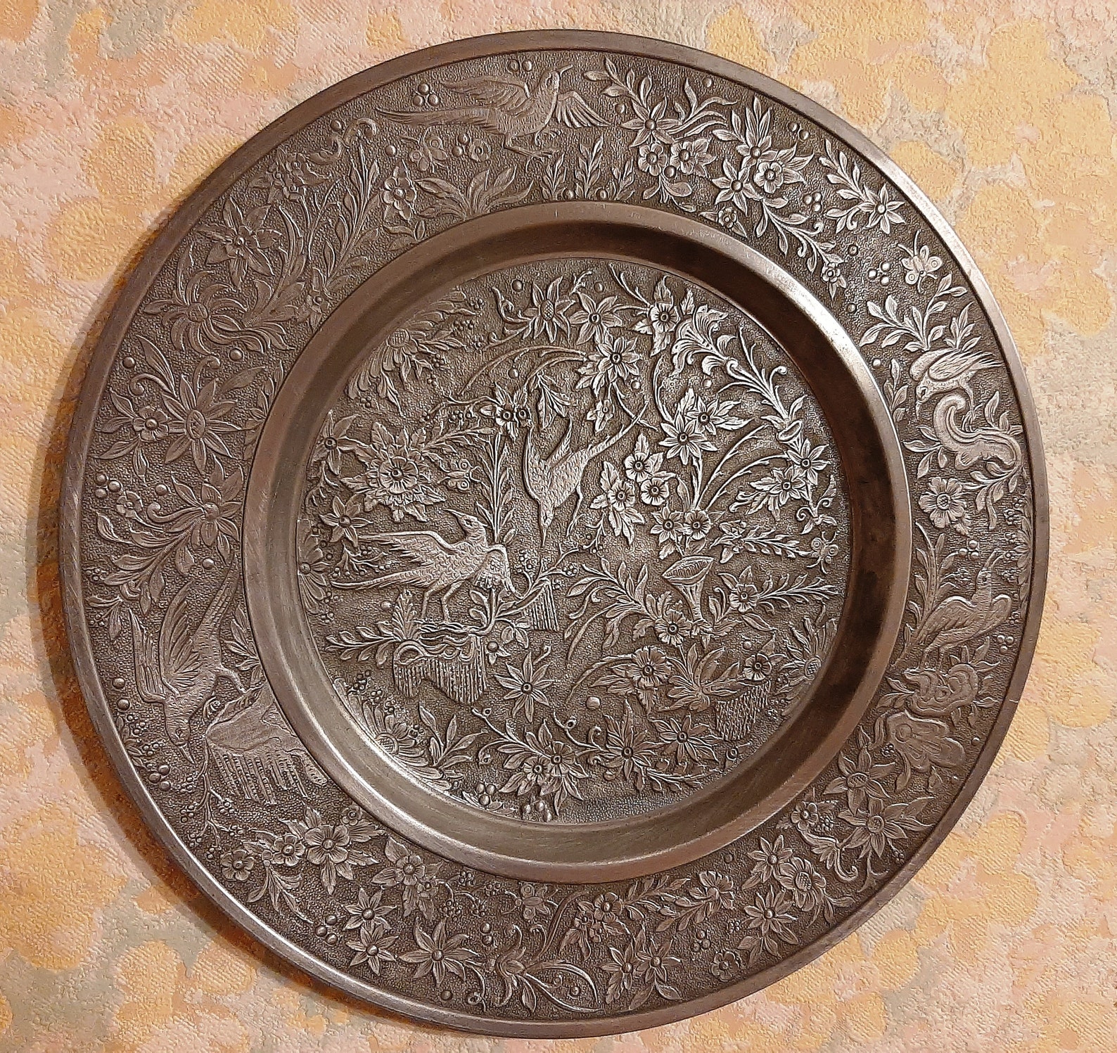 Vintage Metal Wall Decor Plate Birds In Blooming Garden Etsy