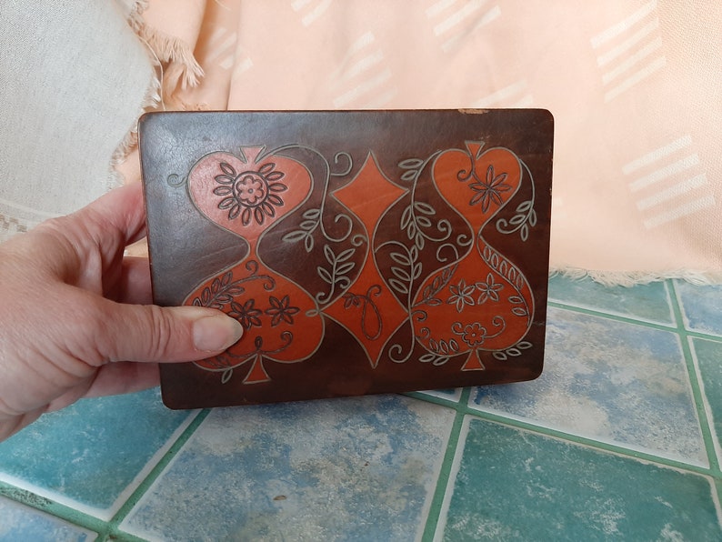 Vintage Box for Playing Cards Covered Leather With Decor Etsy