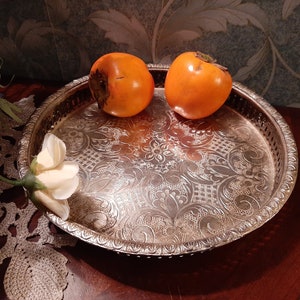 Metal Tray, Antique Metal Drinks Serving Tray, Arabic Style, Ornate Gallery Tray, Foliage Decor, Footed Platter, Coffee Table Tray