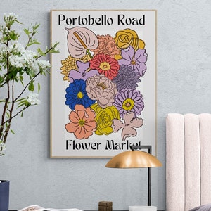 Portobello Road Flower Market Print Colorful Retro Art, Groovy Floral, 1970s 1960s, Bright Bold, Hippie Flowers, London, On Trend Poster image 2