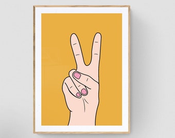 Peace Sign Print, Hand Illustration Art, Printable Wall Art, Peace Poster yellow Wall Art, Retro Wall Art, Dorm Decor, yellow Retro Prints