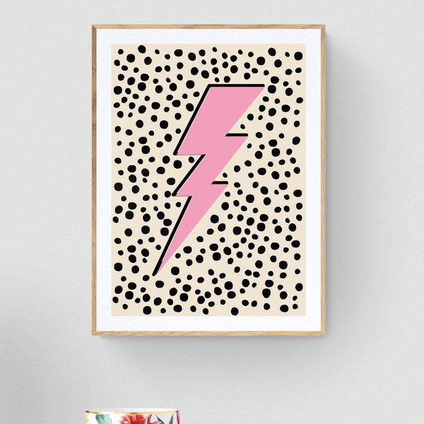 Pink Lightning Print, Printable Wall Art, Bolt Poster Pink Wall Art, Teen Girls Bedroom Decor, Retro Wall Art, Dorm Decor, Pink Retro Prints