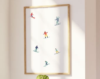 Ilustração de mini esquiadores para impressão, pintura de inverno com neve, arte abstrata de pista de esqui, decoração de parede minimalista de snowboarders, impressão de pista de esqui no inverno