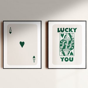 Set di 2 arte da parete retrò alla moda, poster di carta asso verde, stampa estetica retrò alla moda, poster Lucky You, arte da parete alla moda, arte divertente digitale