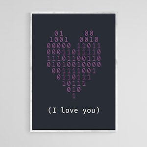 Puede incluir: Una impresión enmarcada con fondo negro y una forma de corazón rosa hecha de código binario. El texto '(I love you)' está impreso debajo del corazón.