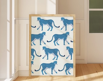 Blue Cheetah Print, Leopard Art Print, Boho Home Decor, Jungle Poster, Y2K Colorful Retro, Animal Artwork, trendy Aesthetic apartment decor