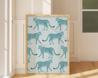 Blue Cheetah Print, Leopard Art Print, Boho Home Decor, Jungle Poster, Y2K Colorful Retro, Animal Artwork, trendy Aesthetic apartment decor