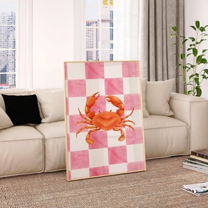 Trendy rosa karierte Hummer druckbare, Cottagecore Poster, Stranddrucke, Krabbenwandkunst, Lakehouse Kunst, Küstenwandkunst, nautisches Dekor