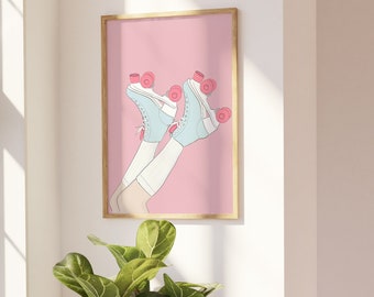 Patinaje sobre ruedas rosa imprimible, arte de inspiración vintage, arte mural colorido y moderno, decoración de dormitorios para adolescentes, decoración de dormitorios, impresión de patines sobre ruedas