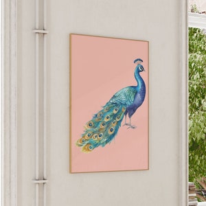 pink peacock wall art, peacock art print, boho wall art, peacock poster, mid century modern art,| home office wall art, printable wall art