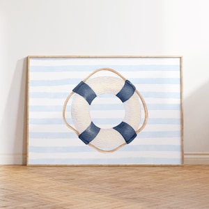 Life Raft & Stripes Printable Art, Letnie wibracje, Motyw marynistyczny, Modny wystrój apartamentu, Dom na plaży, Wystrój domu w stylu nadmorskim