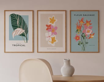 Blue Abstract Flowers Set of 3, Blue floral Prints, flower prints, retro print, neutral botanical art, Floral Home Decor, trendy wall decor