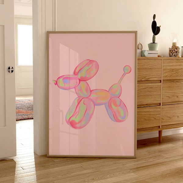 Art mural imprimable de chien de ballon rose, adolescents de décor de chambre à coucher rose preppy, affiches pour dortoir, impression de dortoir, art d'appartement d'université, Trendy Disco