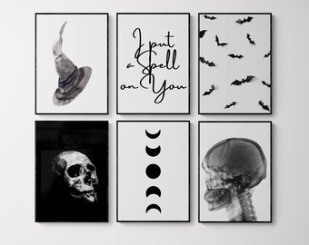 Halloween Set of 6 Prints, Halloween Wall Art, Halloween Printables, Skull Art, Spooky Prints, Ghost Prints, Witch Print, Skeleton Prints