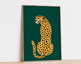 Cheetah Green Wall Art, Leopard Wall Art, Feline Print, Tiger Illustration, Printable Wall Art, Big Cat Print, Animal Print Jungle Art Print