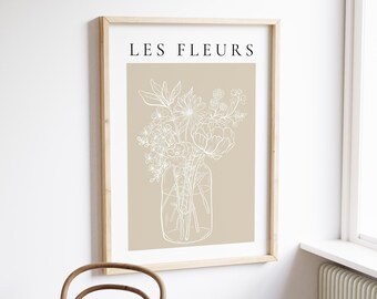 Impressão botânica de flores neutras, arte de parede floral com buquê de flores, desenho moderno de linhas finas, estética boho francesa, pôster bege e branco