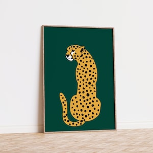 チーターグリーンウォールアート、ヒョウウォールアート、ネコ科のプリント、トラのイラスト、印刷可能なウォールアート、大きな猫のプリント、動物プリントのジャングルアートプリント