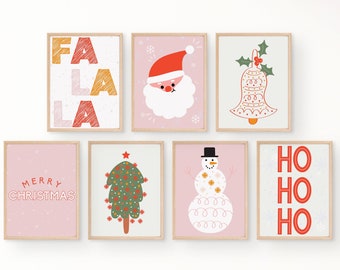 Pink Christmas Set of 7 Printables, Christmas Printable Wall Art, Merry Christmas Print, Christmas Wall Art, Christmas Wall Decor