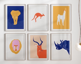 Set of 6 Colorful Wild Animals Digital Prints for Children's Rooms, Vibrent Colors Background, Wildlife Theme Art, simple nursery prints