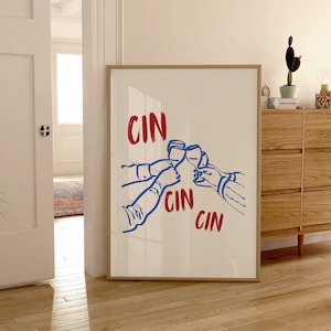 トレンディなCin Cinプリント、バーカートアートプリント、乾杯カクテルプリント、ワイン愛好家ポスター、手描きモダンプリント、アパートのキッチン壁装飾