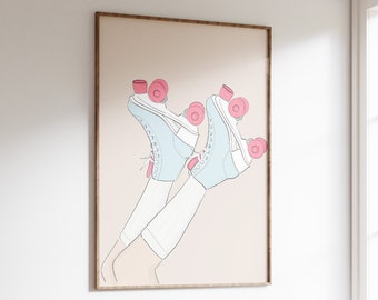 Patinaje sobre ruedas imprimible, arte de inspiración vintage, arte mural colorido y moderno, decoración de dormitorios para adolescentes, decoración de dormitorios, impresión de patines