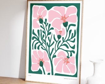 Heldere abstracte bloemenbotanische print, abstracte bloemenmuurkunst, moderne roze en groene prints, retro bloemenmarktprint, kleurrijke poster