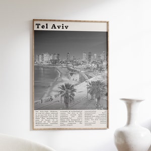 Tel Aviv City Skyline, Trendy TLV Print, Israel vintage Wall Art, Black White Poster, Travel Poster, Tel Aviv Beach Wall Decor