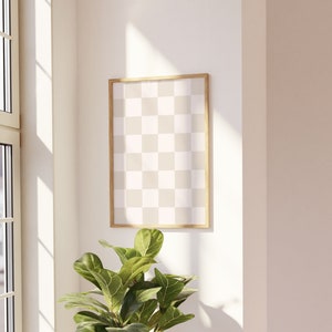 Checkered Wall Art, Beige Checker Art Print, adrette Beige druckbare Wandkunst, Retro Funky Poster, trendiges Schachbrettposter, Beige neutral