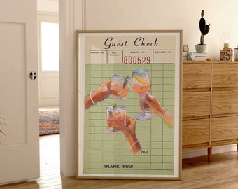 Cartel de carrito de bar con impresión de cheques de invitados en verde salvia y arte de cocina moderno, póster de alcohol, impresión de cheques de invitados retro, impresión de cócteles preppy, impresión divertida