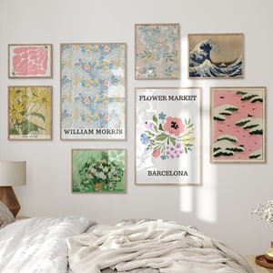 Eclectic Gallery Wall Set of 8, Maximalist Wall Art, Vintage Print Set, Van Gogh, Flower Market Art, Blue & Pink Tones, Bedroom Wall decor