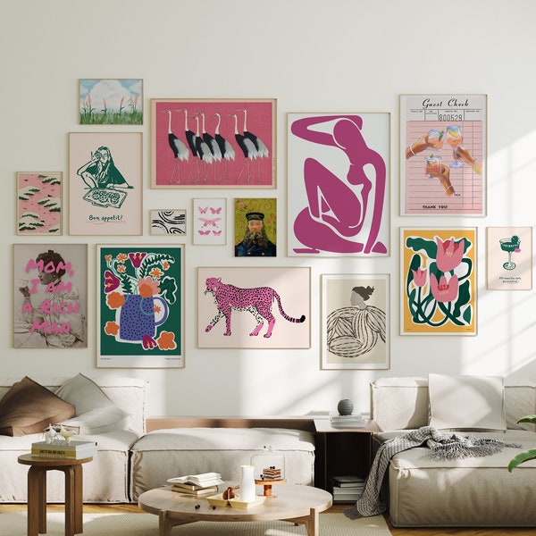 Maximalist Gallery Wall Set van 15 Printables, Eclectische Eigenzinnige Muurkunst, Tentoonstellingsposters, Vintage Prints, Kleurrijke Woonkamer Decor Retro