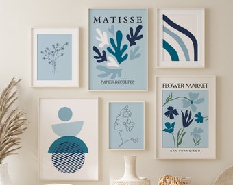 Sky Blue Gallery Set of 6 Matisse Print, Modern Wall Decor, Boho Floral Wall Decor, Minimal Living Room Decor, Trendy Exhibition Poster