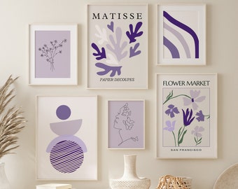 Lilac Gallery Set of 6 Matisse Print, Lavender Modern Wall Decor, Boho Floral Wall Decor, Minimal Living Room Decor Trendy Exhibition Poster