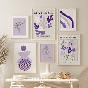 Lilac Gallery Set of 6 Matisse Print, Lavender Modern Wall Decor, Boho Floral Wall Decor, Minimal Living Room Decor Trendy Exhibition Poster